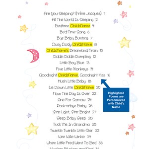 May include: A list of children's bedtime songs with a yellow star and a pink crescent moon on the side. The list includes songs like "Are You Sleeping?" and "Hush Little Baby".