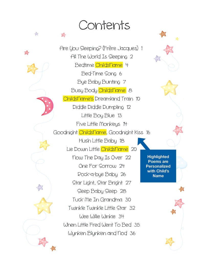 May include: A list of children's bedtime songs with a yellow star and a pink crescent moon on the side. The list includes songs like "Are You Sleeping?" and "Hush Little Baby".