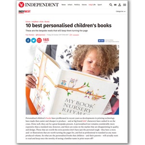 May include: A young child is reading a personalised children's book titled "My Book of Nursery Rhymes". The book features colourful illustrations of animals and a whimsical design. The article discusses the growing trend of personalised children's books and the importance of quality and design.