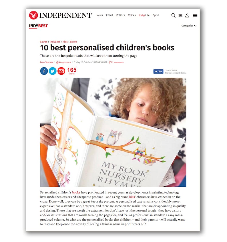 May include: A young child is reading a personalised children's book titled "My Book of Nursery Rhymes". The book features colourful illustrations of animals and a whimsical design. The article discusses the growing trend of personalised children's books and the importance of quality and design.