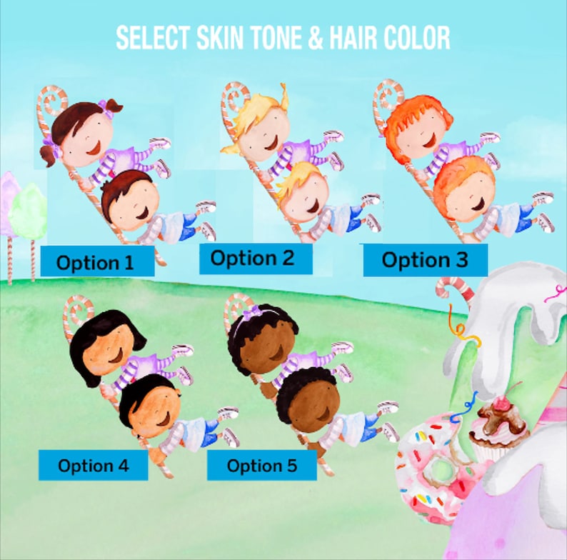 Pode incluir: Cinco op&ccedil;&otilde;es diferentes de tom de pele e cor de cabelo para uma ilustra&ccedil;&atilde;o personalizada. A ilustra&ccedil;&atilde;o mostra duas crian&ccedil;as balan&ccedil;ando em um bast&atilde;o de caramelo.