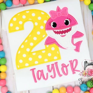 Baby Shark Inspired Birthday Shirt,  2nd Birthday -Two - Embroidery, Pink Girl Shark, Birthday Shark, Customize - Any Name