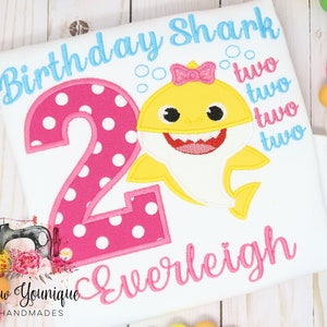 Baby Shark Inspired Birthday Shirt,  2nd Birthday -Two Two Two Two - Embroidery, Yellow Girl Shark, Birthday Shark, Customize - Any Name
