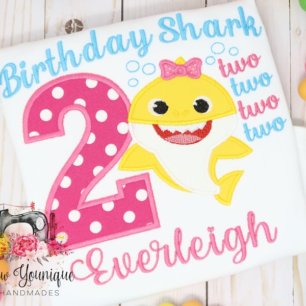 Baby Shark Inspired Birthday Shirt,  2nd Birthday -Two Two Two Two - Embroidery, Yellow Girl Shark, Birthday Shark, Customize - Any Name
