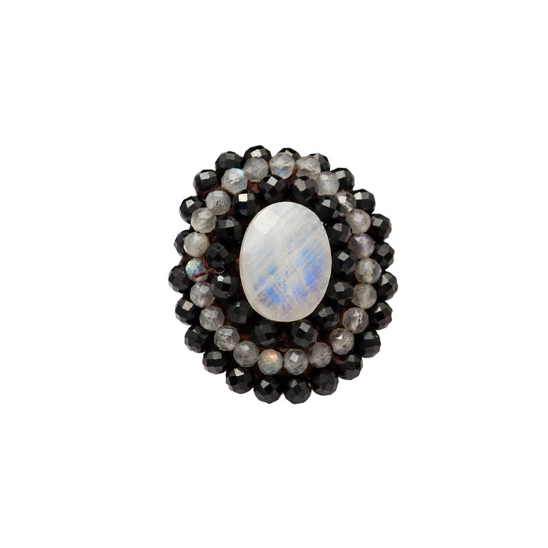 Labradorite /& Moonstone Cabochon Ring-Multi Stone ring-Big Round ring-Hand Craft ring-Ring from beads-Adjustable Ring Stitched Black Spinel