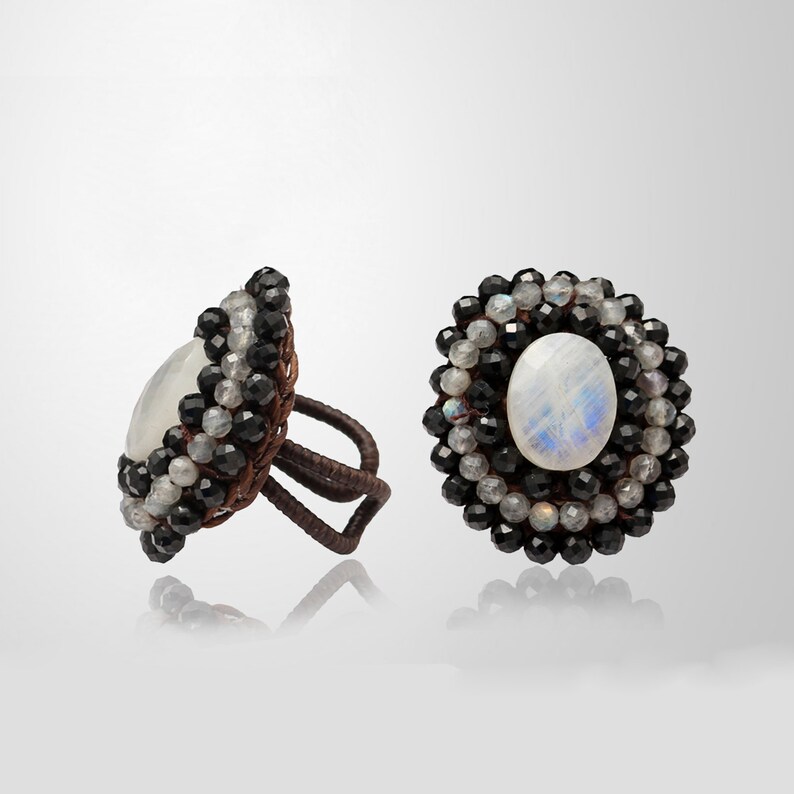 Labradorite /& Moonstone Cabochon Ring-Multi Stone ring-Big Round ring-Hand Craft ring-Ring from beads-Adjustable Ring Stitched Black Spinel