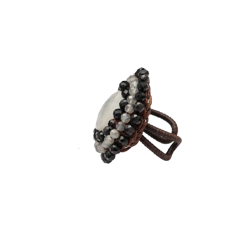 Labradorite /& Moonstone Cabochon Ring-Multi Stone ring-Big Round ring-Hand Craft ring-Ring from beads-Adjustable Ring Stitched Black Spinel