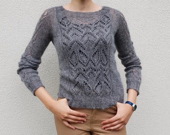 Pull coupe slim fait main | Motif dentelle | Idée cadeau femme | Pull gris fumé | Parfait pour elle