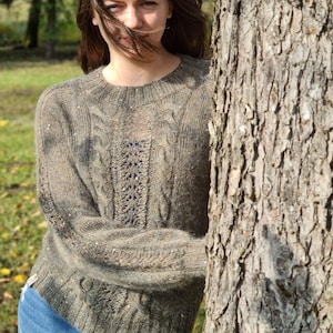 Women's warm, delicate hand knitted sweater | Luxurious olive green jumper | Knitted lace pattern pullover | Perfect present for Christmas