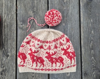 Home Alone Inspired Knit Beanie | Merino Wool Reindeer Hat with Pom-Pom