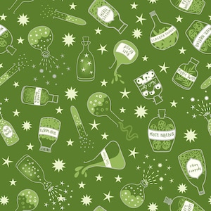 Halloween fabric -- Magic potions and ingredients on acid green with metallic silver highlights -- 100% cotton quilting fabric