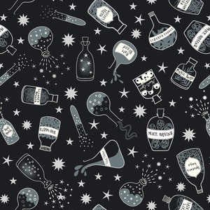 Halloween fabric -- Magic potions and ingredients on black with metallic silver highlights -- 100% cotton quilting fabric