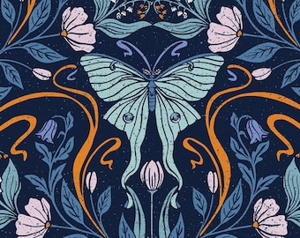 Luna moths, flowers, and foliage repeated on dark blue -- 100% cotton quilting fabric