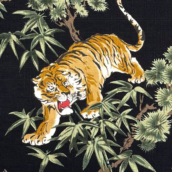 Japanese DOBBY fabric -- Tigers stalking through bamboo and pine trees on textured black cotton -- 100% cotton fabric