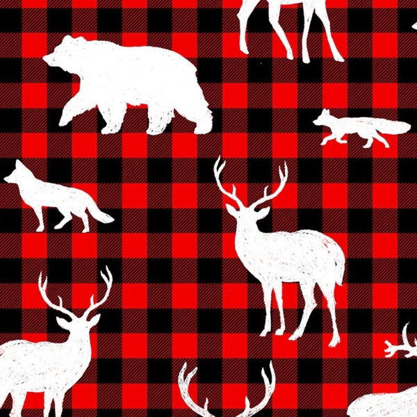 Christmas fabric -- Woodland creatures on red and black buffalo check -- 100% cotton quilting fabric