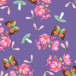 Mushroom fabric -- Teal mushrooms, pink roses, and butterflies scattered on lilac purple -- 100% cotton quilting fabric
