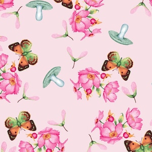 Mushroom fabric -- Teal mushrooms, pink roses, and butterflies scattered on very light pink -- 100% cotton quilting fabric