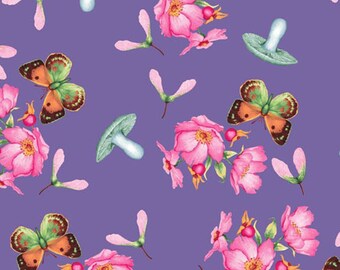 Paddenstoelstof - Blauwgroen paddenstoelen, roze rozen en vlinders verspreid over lila paars - Quiltstof van 100% katoen