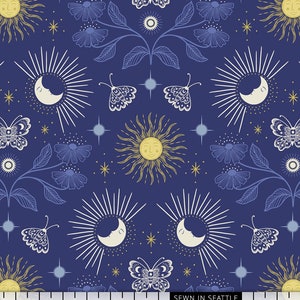 Celestial garden of moths, moons, and metallic gold suns and stars on dark blue -- 100% cotton quilting fabric