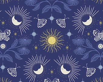 Celestial garden of moths, moons, and metallic gold suns and stars on dark blue -- 100% cotton quilting fabric