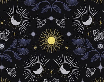 Celestial garden of moths, moons, and metallic gold suns and stars on black -- 100% cotton quilting fabric