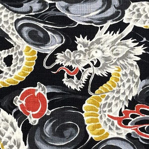 Japanese DOBBY fabric -- Gray and white dragons flying through storm clouds on textured black cotton -- 100% cotton dobby fabric