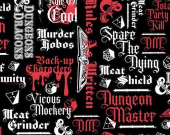 Dungeons & Dragons fabric -- DnD tropes and dice repeated on black -- 100% cotton quilting fabric