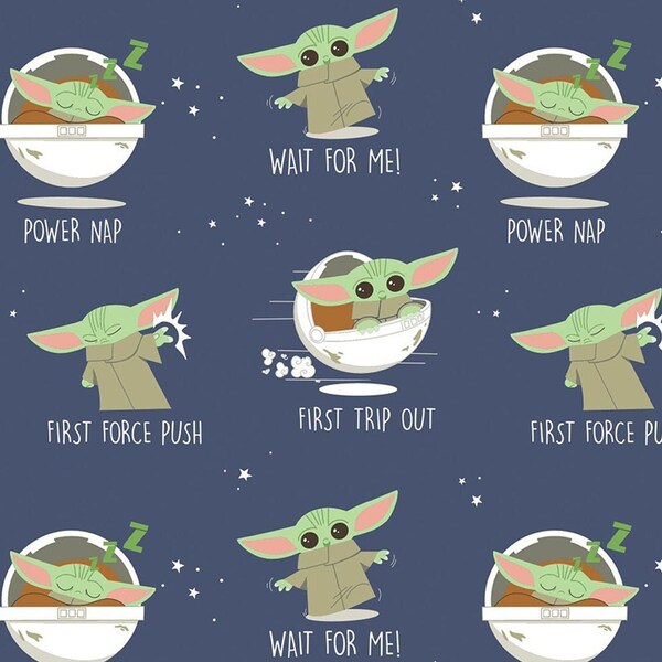 Star Wars fabric -- Baby Yoda poses and sayings repeated on blue -- 100% cotton quilting fabric