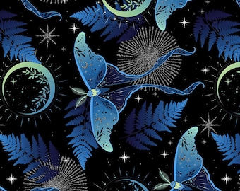 Blue luna moths flying through fern fronds and cresent moons on black with metallic silver highlights -- 100% cotton quilting fabric