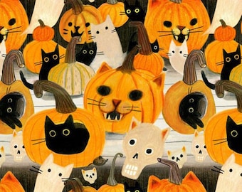 Halloween-Stoff -- Halloween Katzen in Hülle und Fülle! Katzen-Jack-o'-Laternen, Schädel, Geister in einem Kürbis-Patch - 100 % Baumwolle Quilting Stoff