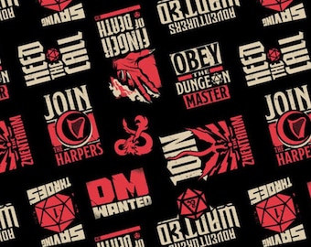 Dungeons & Dragons fabric -- DnD tropes on black -- 100% cotton quilting fabric