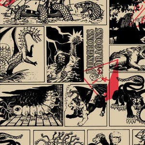 May include: Fabric featuring a comic book style design with black and white illustrations of fantasy creatures and characters. The words "DUNGEONS & DRAGONS" are printed vertically. Red accents and a ruler are also visible.
