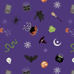 Halloween fabric -- Witchy items on purple with metallic silver highlights -- Cauldrons, bats, skulls, brooms -- 100% cotton quilting fabric