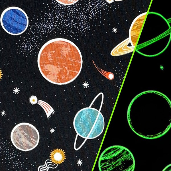 Glow-in-the-dark planets and comets on black -- 100% cotton quilting fabric