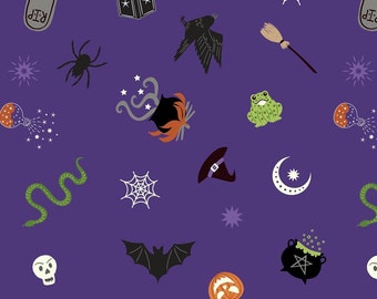 Halloween fabric -- Witchy items on purple with metallic silver highlights -- Cauldrons, bats, skulls, brooms -- 100% cotton quilting fabric