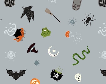 Halloween fabric -- Witchy items on gray with metallic silver highlights -- Cauldrons, bats, skulls, brooms -- 100% cotton quilting fabric