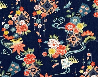 Japanese fabric -- Japanese fans, flowers, and maple leaves on navy blue with metallic gold highlights -- 100% cotton quilting fabric