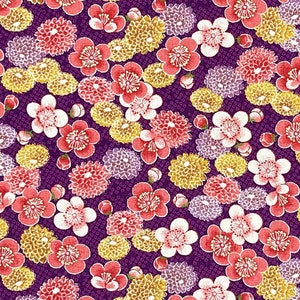 Japanese fabric -- Plum blossoms and chrysanthemums on patterned purple with metallic gold highlights -- 100% cotton quilting fabric