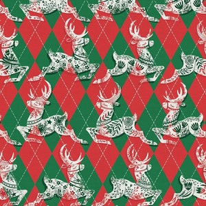 May include: White reindeer silhouettes on a red and green argyle pattern fabric. The reindeer are decorated with floral designs and have antlers.