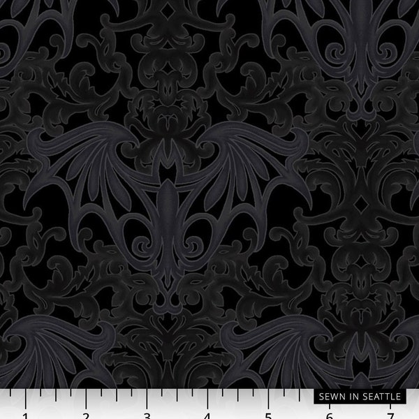 Halloween fabric -- Dark gray damask pattern on black -- 100% cotton quilting fabric