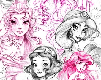 Disney Princess fabric -- Disney Princesses sketched in pink and black on white -- 100% cotton fabric by the yard