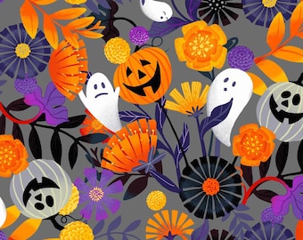 Tela de Halloween - Estampado floral de Halloween con fantasmas y calabazas sobre fondo gris - Tela para acolchado 100 % algodón