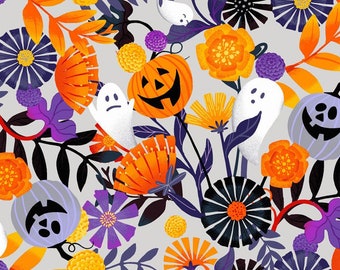Pode incluir: Um padrão sem costura que apresenta uma variedade de elementos temáticos de Halloween, incluindo abóboras, fantasmas e flores. O fundo é de cor cinza claro e o padrão é composto por cores laranja, amarelo, roxo e preto.