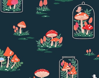 Cotton + Steel fabric -- Mushroom bunches and terrariums repeated on midnight blue -- 100% cotton quilting fabric