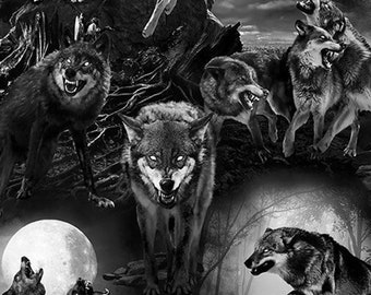 Halloween fabric -- Demonic wolves packed on black -- 100% cotton quilting fabric