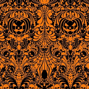 May include: Black and orange Halloween fabric with a damask pattern featuring pumpkins, spiders, and skulls. The fabric has a repeating pattern.