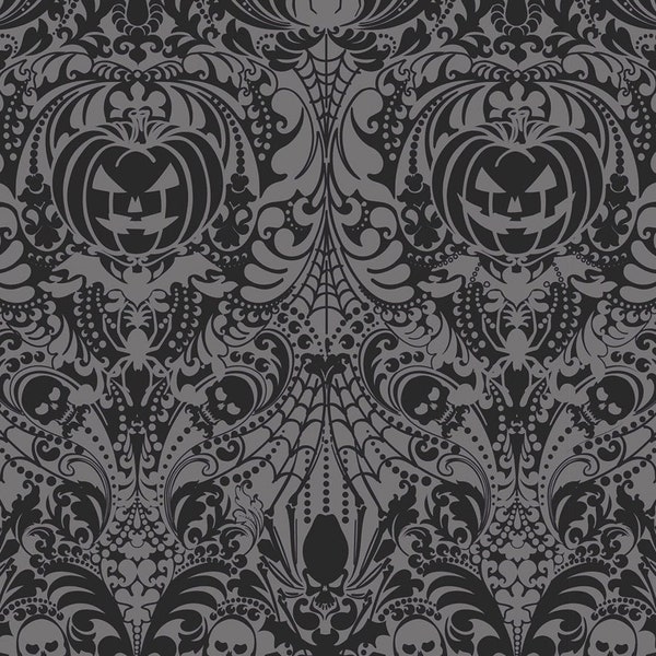 Halloween fabric -- Spooky Halloween damask pattern with jack o'lanterns, spiders and skulls on gray -- 100% cotton quilting fabric