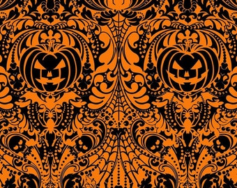 Halloween fabric -- Spooky Halloween damask pattern with jack o'lanterns, spiders and skulls on dark orange -- 100% cotton quilting fabric