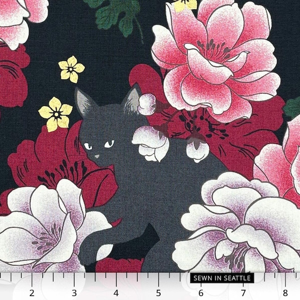 Japanese fabric -- Dark gray cats, dark red peonies, and metallic gold flowers on black -- 100% cotton quilting fabric