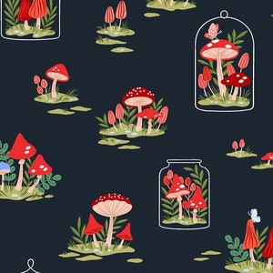 Cotton + Steel fabric -- Mushroom bunches and terrariums repeated on navy blue -- 100% cotton quilting fabric